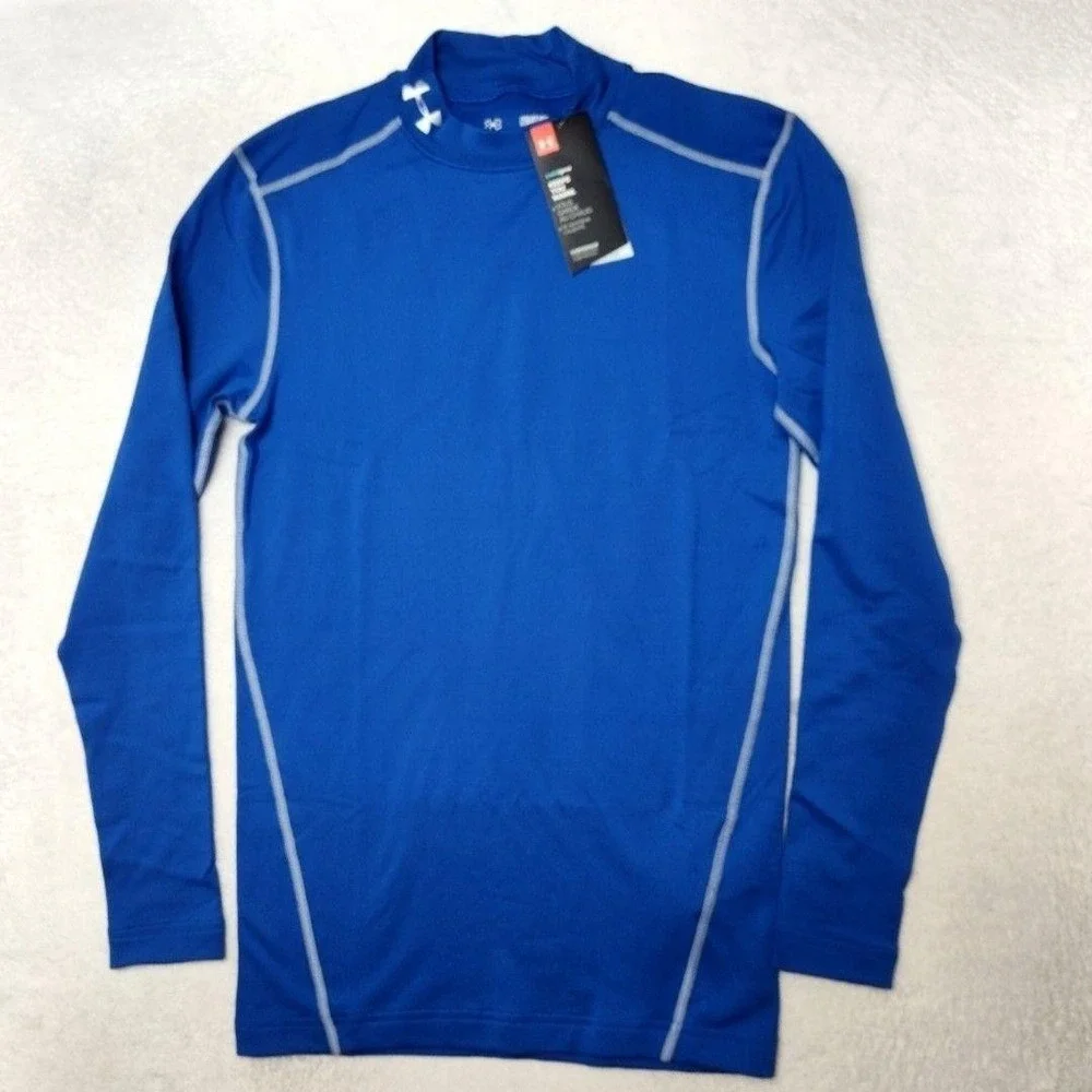 Under Armour Shirt Mens M Blue ColdGear Compression‎ Mock Base Layer Tagless